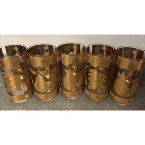 Vintage Culver 22K Gold Florentine Fruit High Ball MCM Glasses set 5